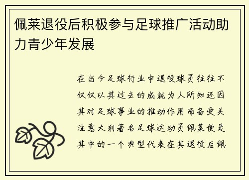 佩莱退役后积极参与足球推广活动助力青少年发展